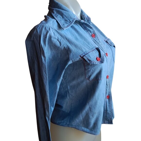 Women's XS Vintage Denim Shirt 1970's Button-Up Red Buttons Distress Boho Hippy - Picture 3 of 13